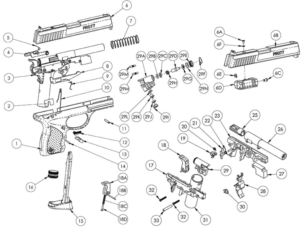 Полная сборка пистолета. Схема пистолета Crossman pro77cs. Crosman pro77 взрыв схема.